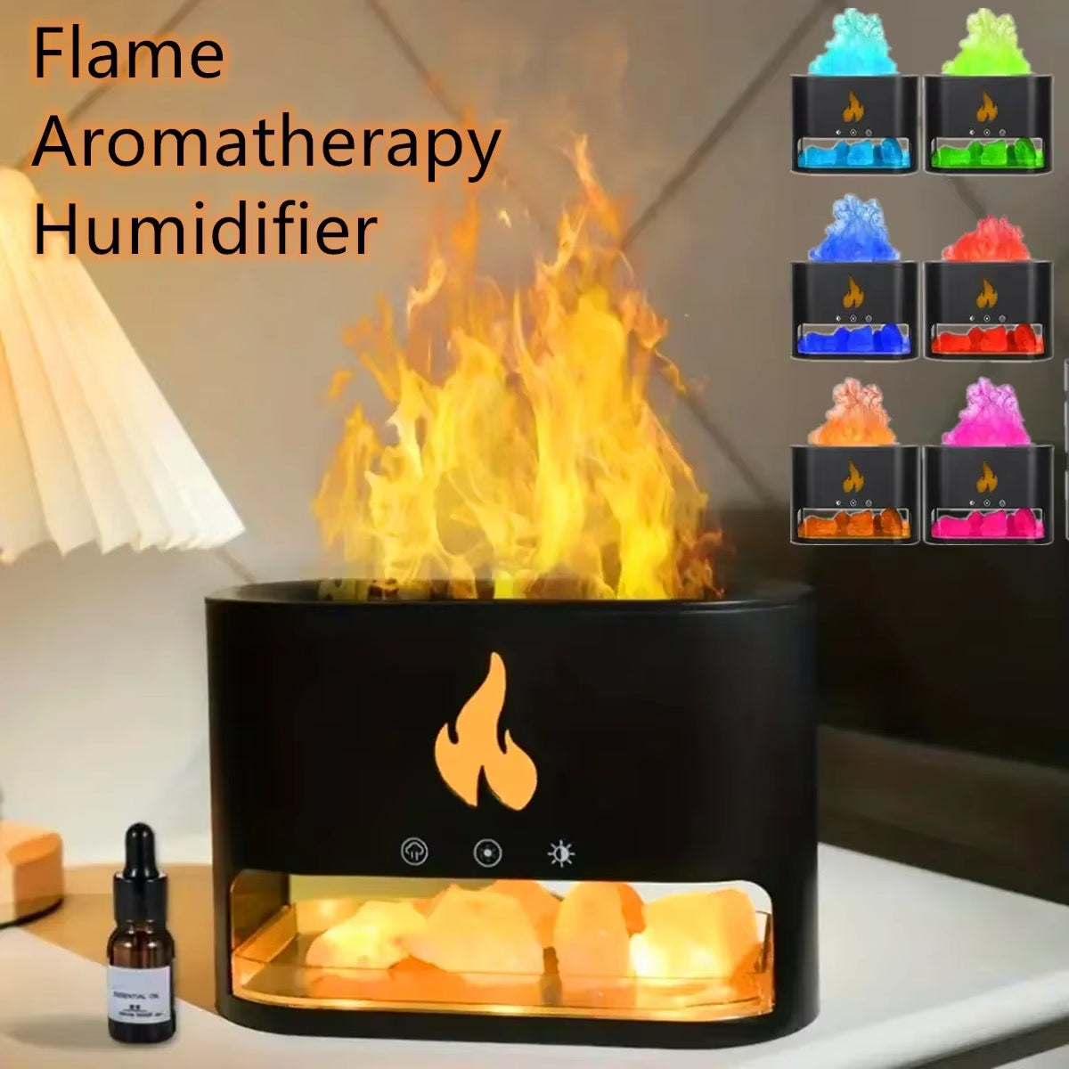 New Fireplace Humidifier Crystal Salt Rock Fire Lamp 7 Color Flame Aroma Volcano Air Humidifier Essential Oil Diffuser for Home