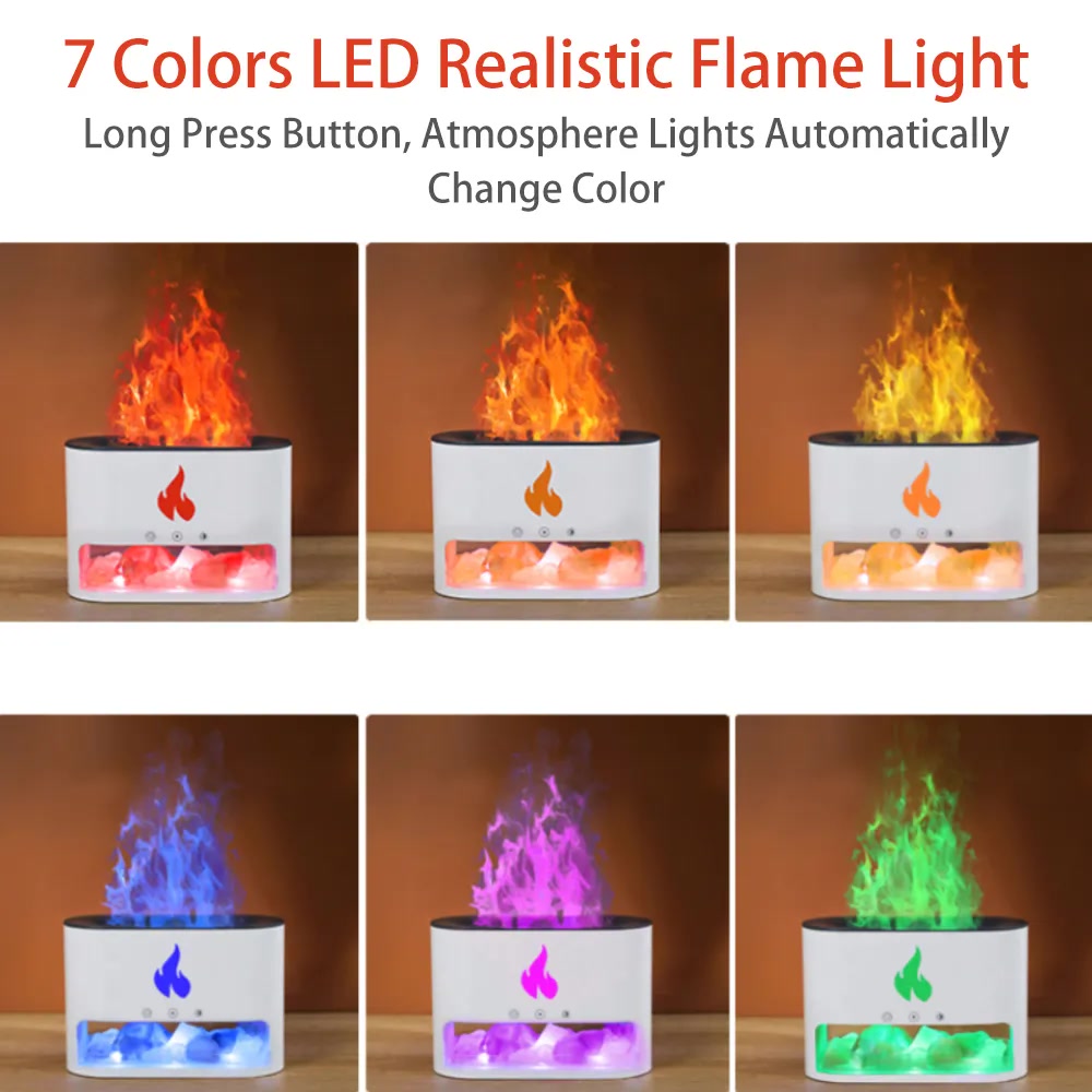 New Fireplace Humidifier Crystal Salt Rock Fire Lamp 7 Color Flame Aroma Volcano Air Humidifier Essential Oil Diffuser for Home